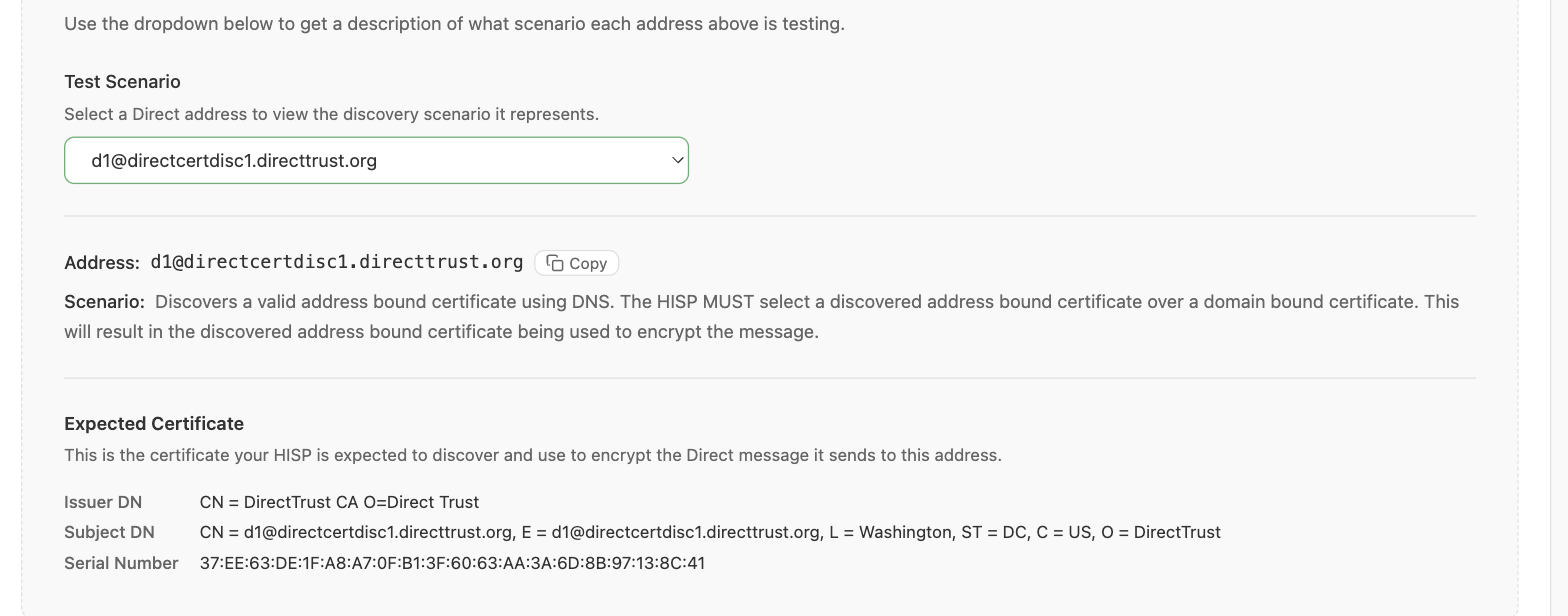 The Test Scenario dropdown showing the scenario and expected certificate for a selected address