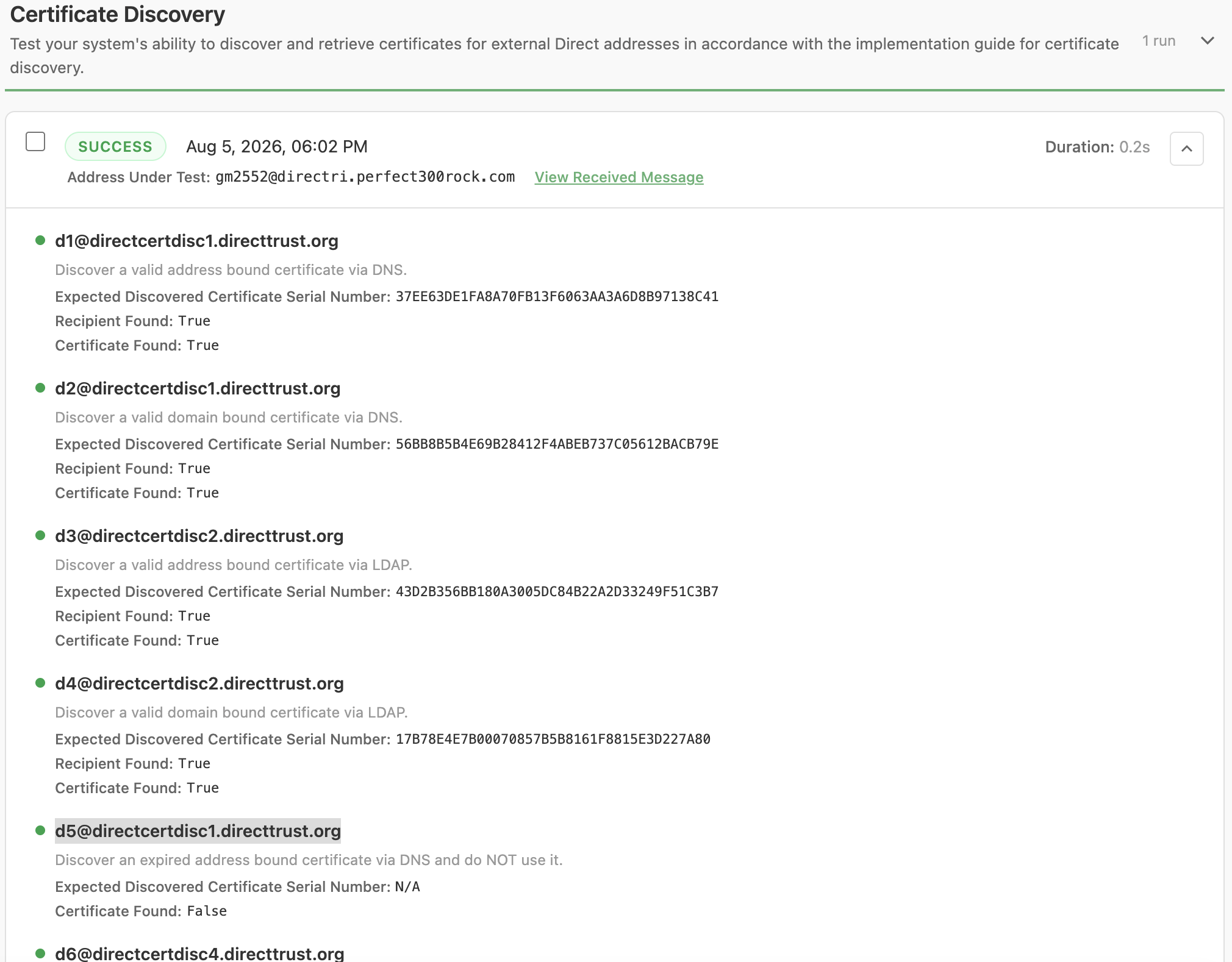 Certificate Discovery test results, showing the outcome for each address scenario