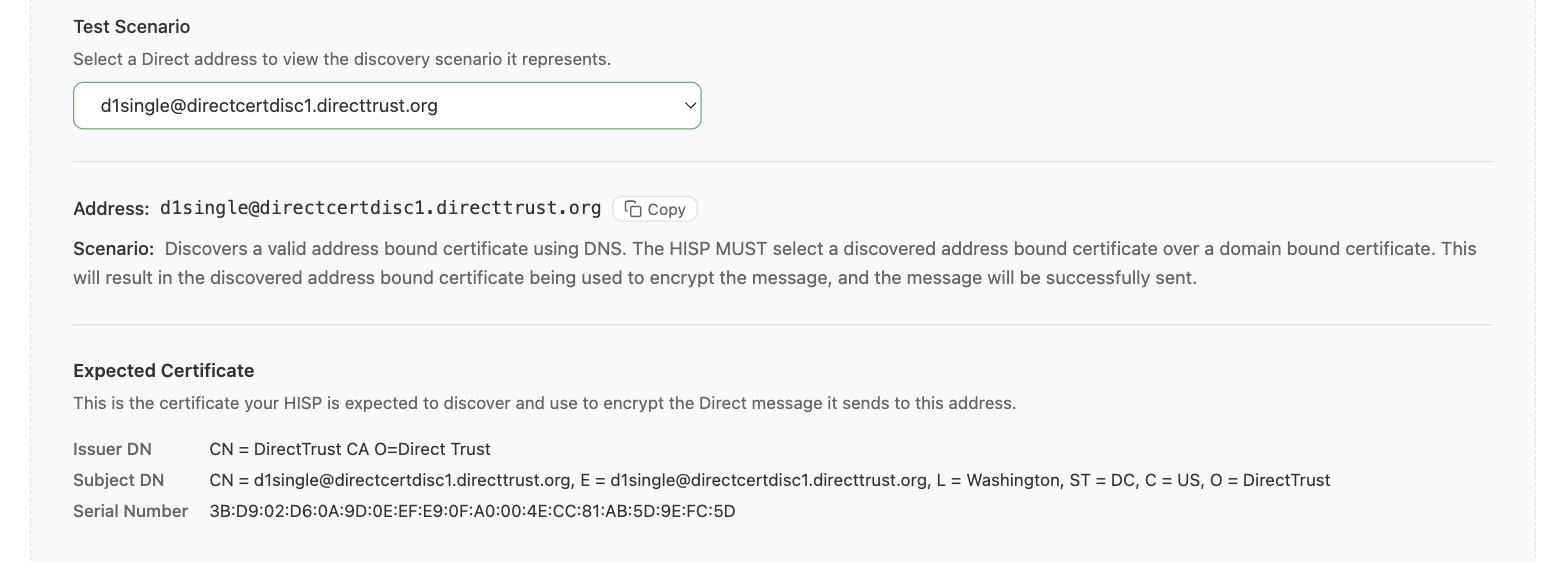A selected test address, showing the discovery scenario and the expected certificate below it
