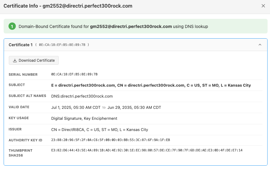 Certificate details view