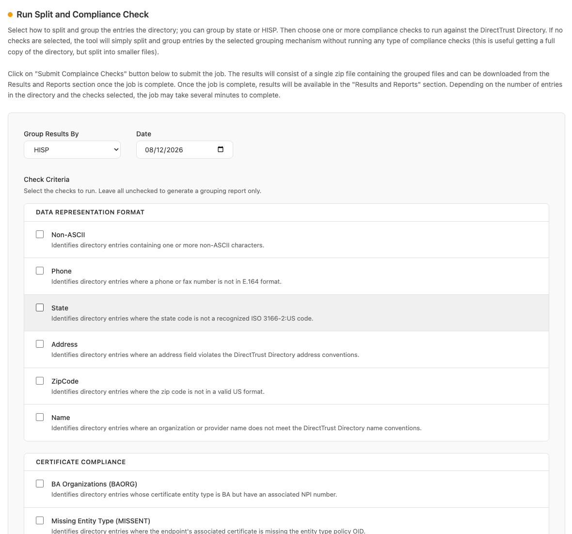 Compliance Checking configuration — grouping, date, and check criteria