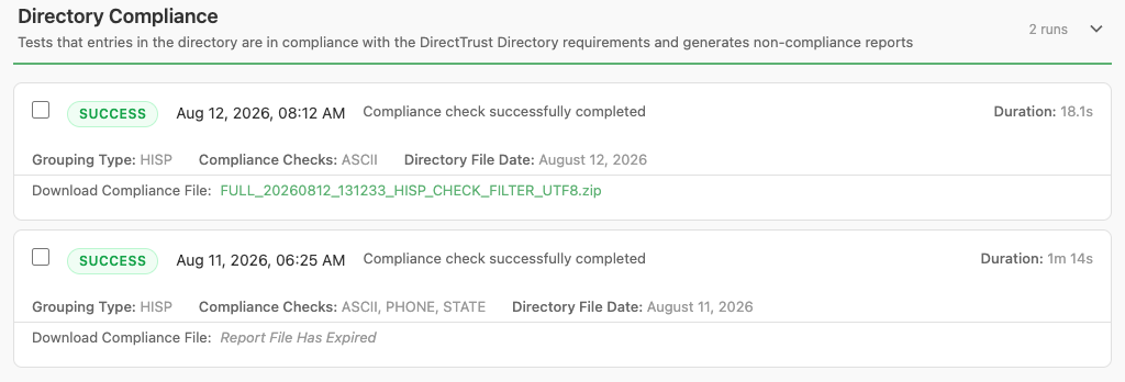 Directory Compliance results, showing job status and the Download Compliance File link