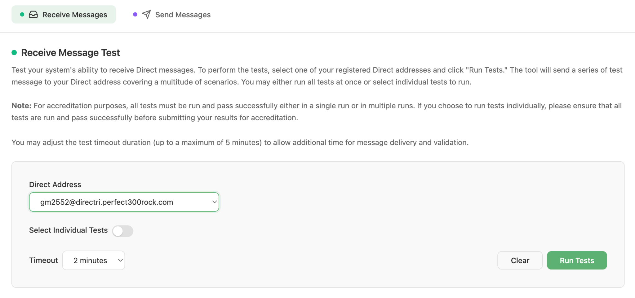Receive Message Test configuration