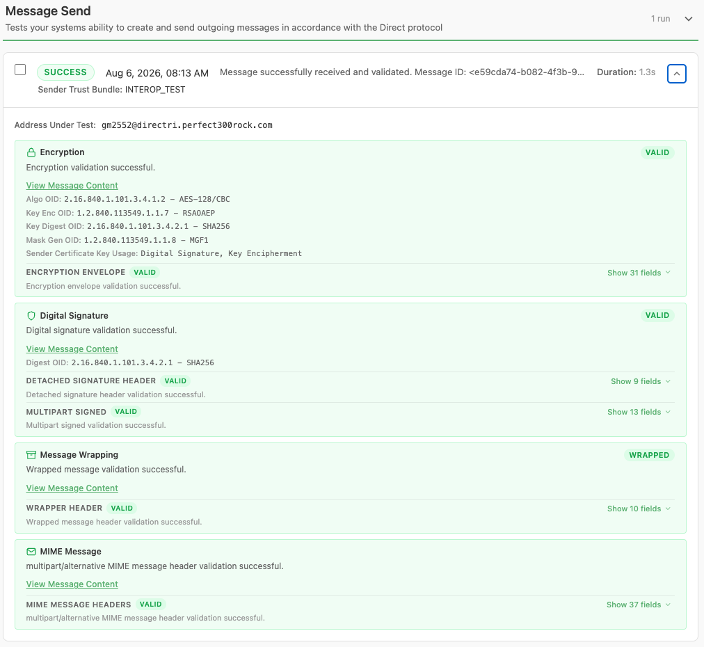 Send Message test results, showing the Encryption, Digital Signature, Message Wrapping, and MIME Message stages