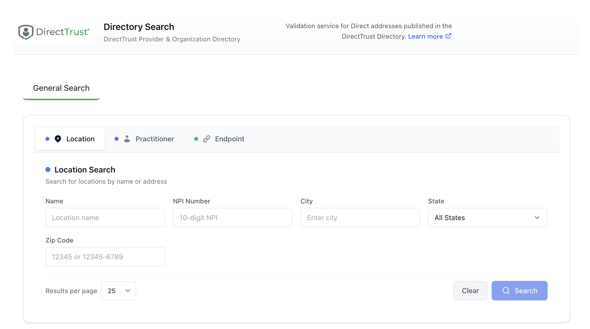 Directory Search interface with Location, Practitioner, and Endpoint search tabs