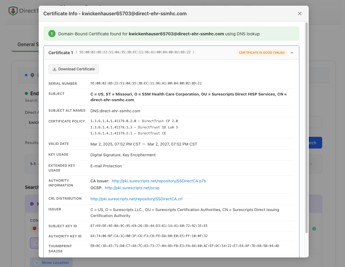 Certificate details discovered for a Direct address