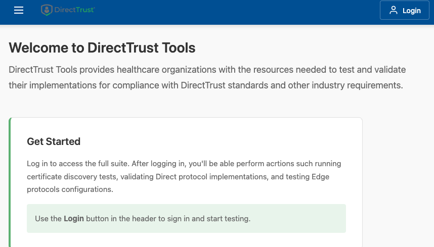 The DirectTrust Tools landing page before login