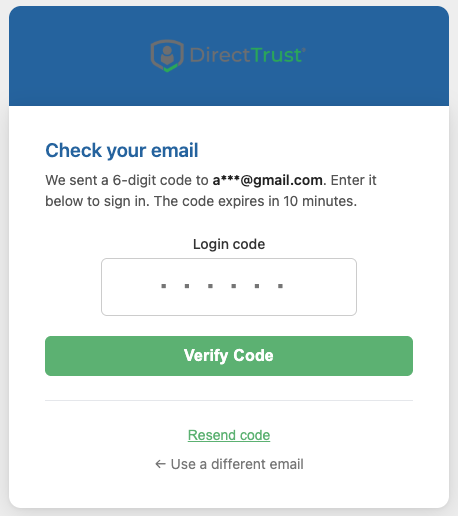 DirectTrust Auth — one-time code verification step