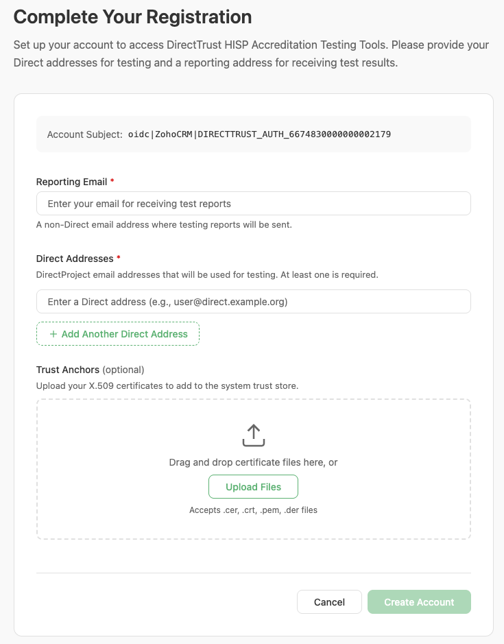 Account Registration page