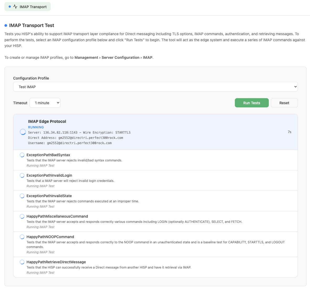 IMAP Edge Protocol test suite in progress, with each scenario shown as RUNNING.