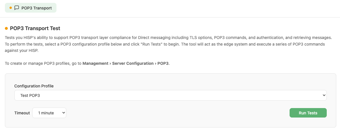 POP3 Transport Test configuration profile selection and timeout settings.