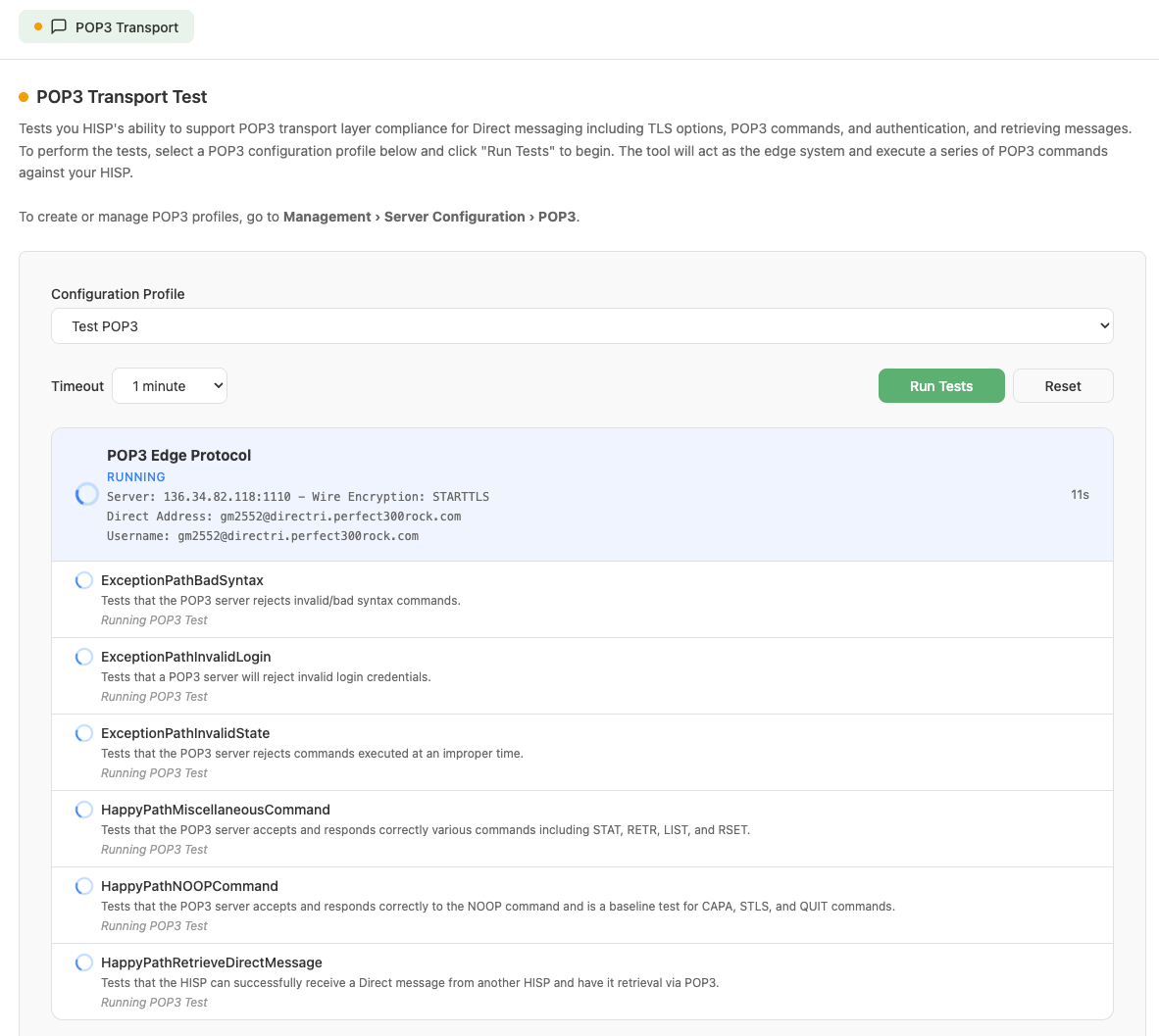 POP3 Edge Protocol test suite in progress, with each scenario shown as RUNNING.