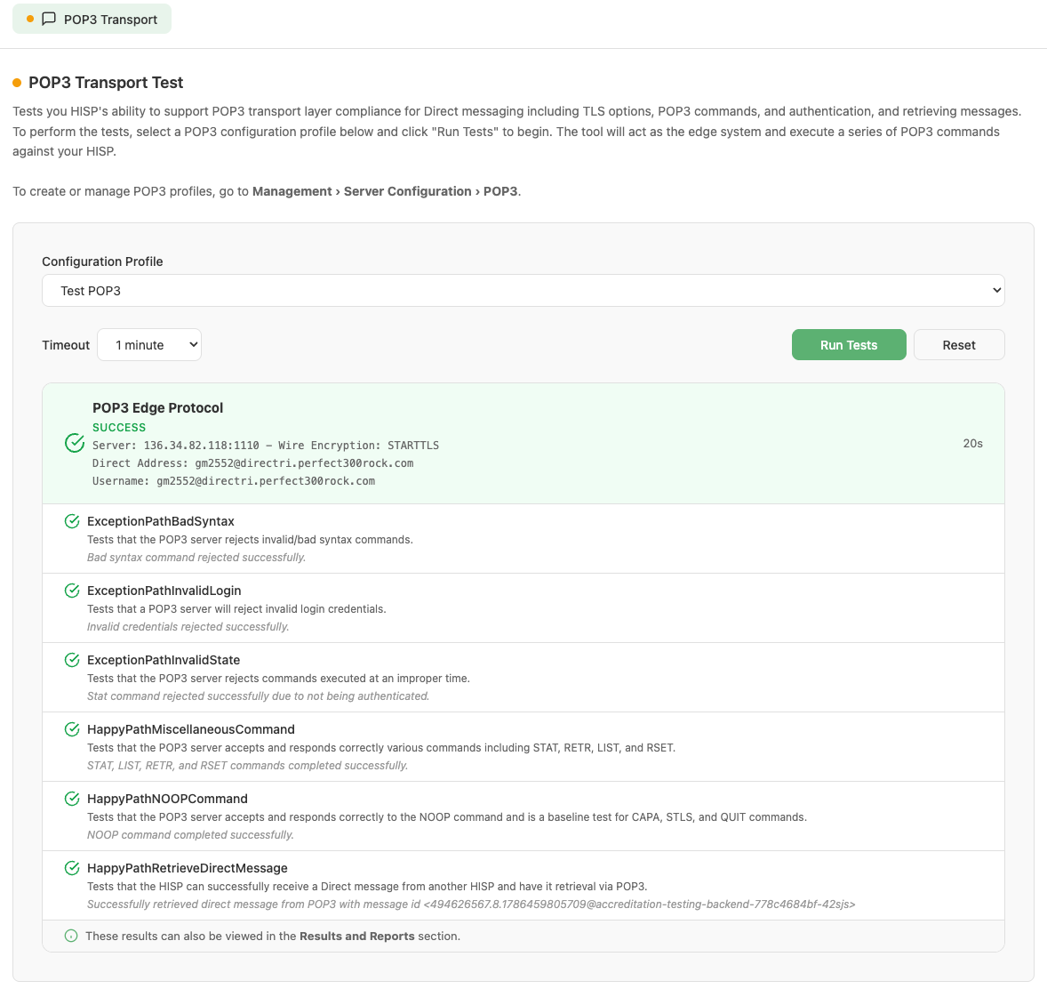 Completed POP3 Edge Protocol test suite showing SUCCESS with per-scenario results.