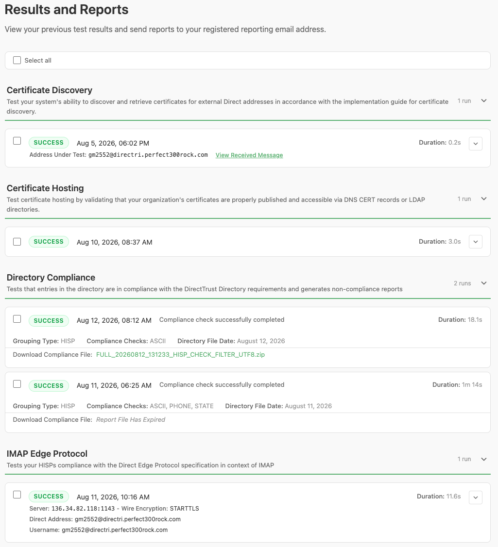 Results and Reports page