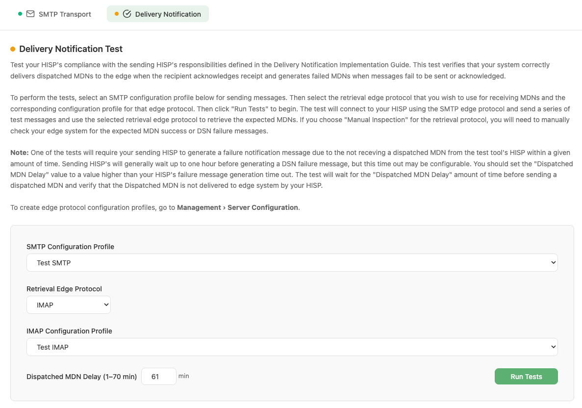 Delivery Notification Test configuration
