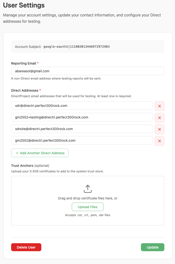 User Settings page