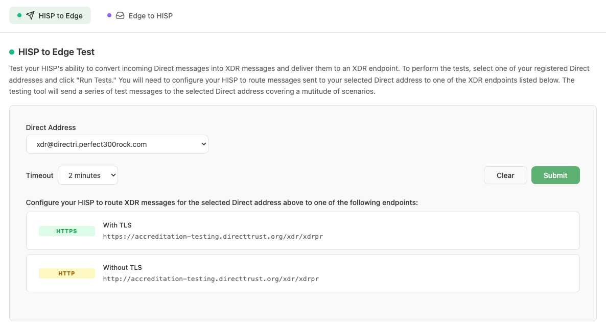 HISP to Edge Test configuration, showing the two XDR endpoints