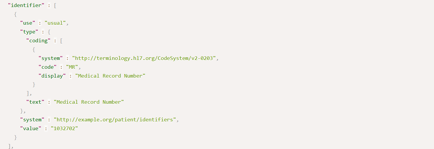Example FHIR Patient.identifier entry representing a Medical Record Number (MRN) using the v2-0203 identifier type code system.